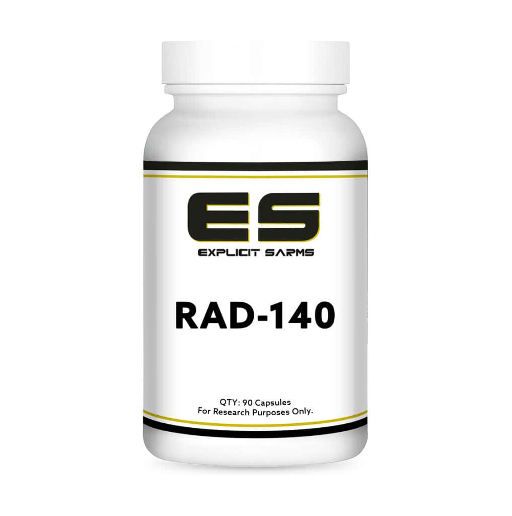 High-quality supplement bottle labeled "RAD-140" from Explicit Sarms, designed for research purposes, featuring a sleek white container with black and yellow accents.