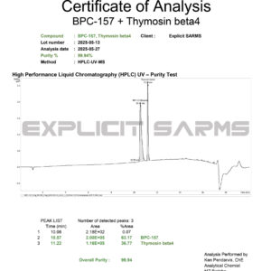 Pure SARMs analysis certificate showing high purity of BPC-157 and Thymosin beta4, used for muscle growth and recovery. Lab report confirms quality for potential bodybuilding and performance enhancement.